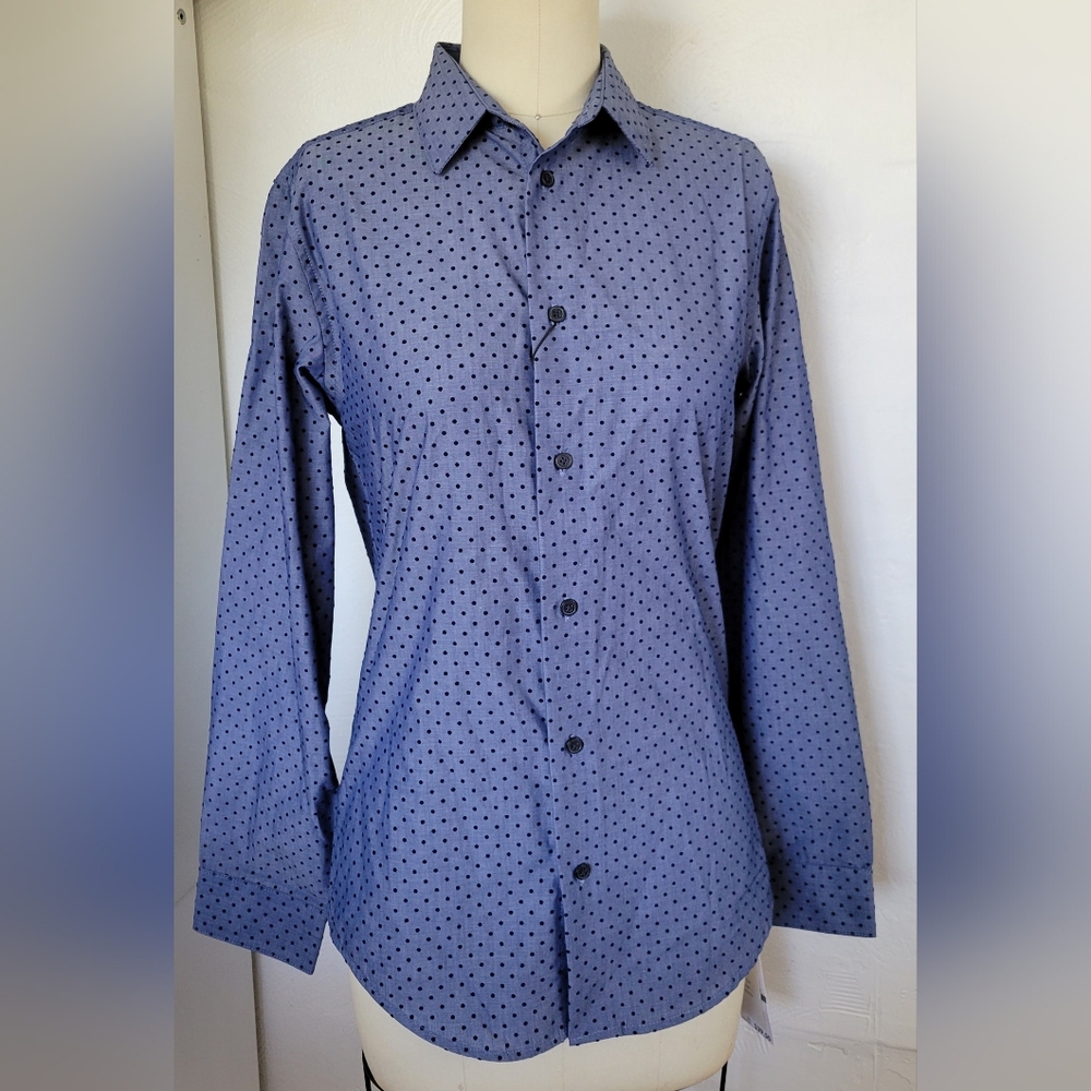 CALVIN KLEIN XS Women's Blue Flocked Polka Dot Button Up Shirt NWT